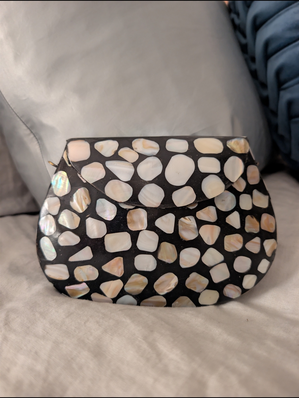 RAMLA Handmade Mother of Pearl Mosaic Shell Hard Clutch Bag Gold Chain